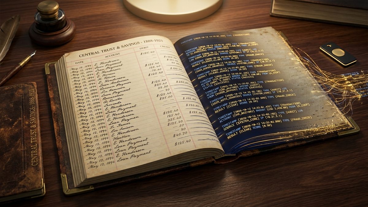 Altes Kassenbuch, dessen handschriftliche Einträge auf der rechten Seite zu digitalen Log-Zeilen werden
